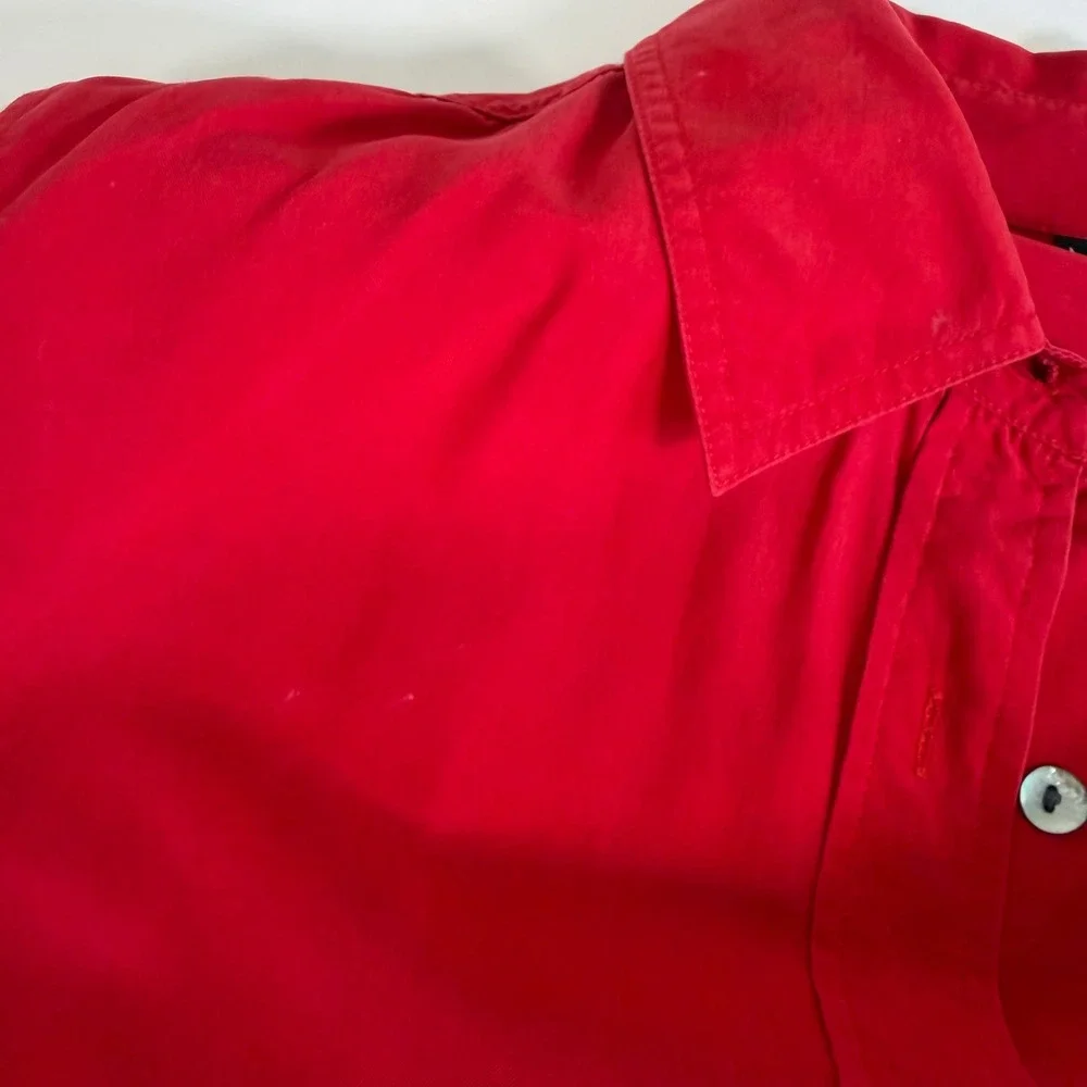 NY & Co 100% Silk Red Shirt Dress Size 10 Button Front Short Sleeve Knee‎ Length